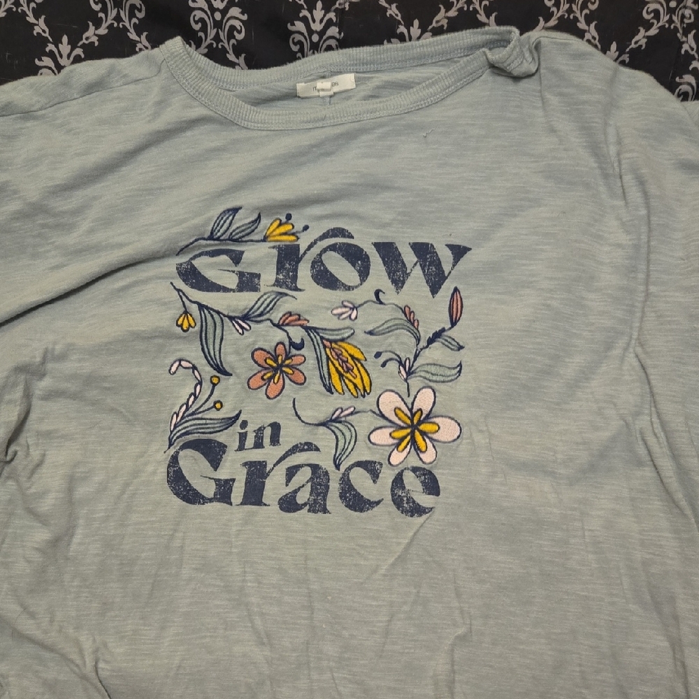 Blue Graphic Tee with Floral Embroidered Design